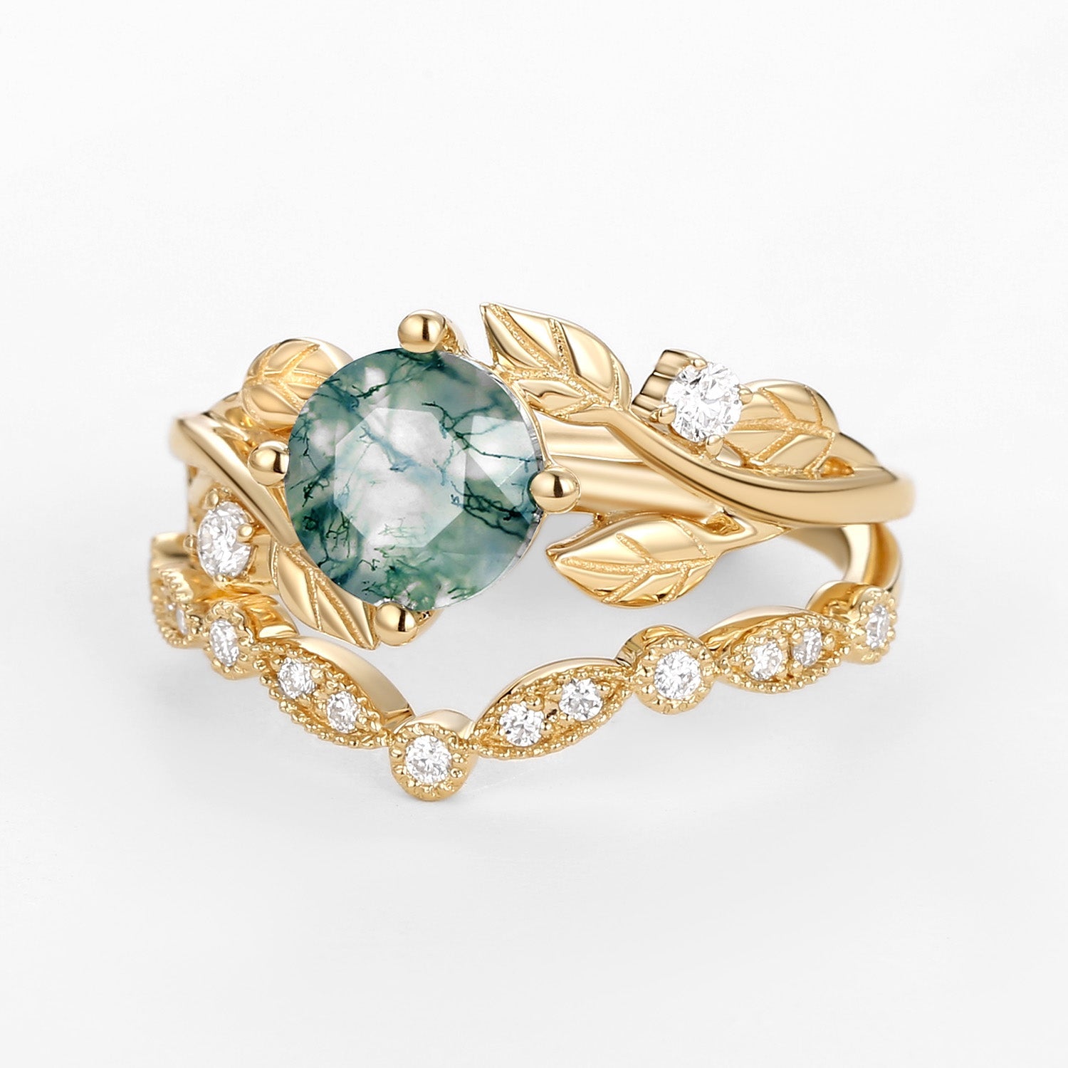 Round Cut Moss Agate Leafy Four Prongs Ring Set 2pcs