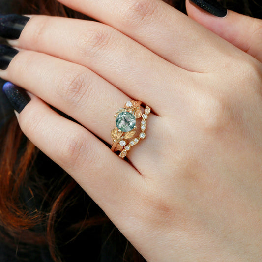Round Cut Moss Agate Leafy Four Prongs Ring Set 2pcs
