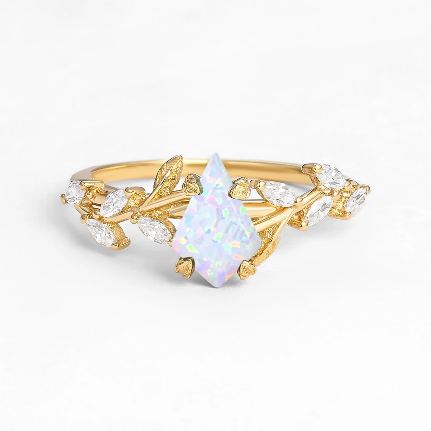 Dart Kite Cut Clear Moss Agate Leafy Gold Engagement Ring