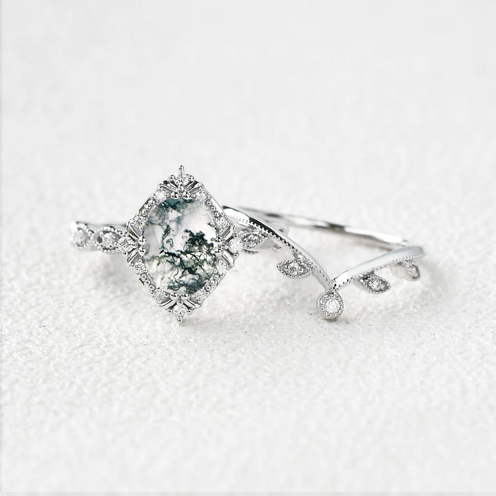 Oval Moss Agate & Moissanite Floral Ring Set 2pcs