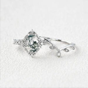 Oval Moss Agate & Moissanite Floral Ring Set 2pcs