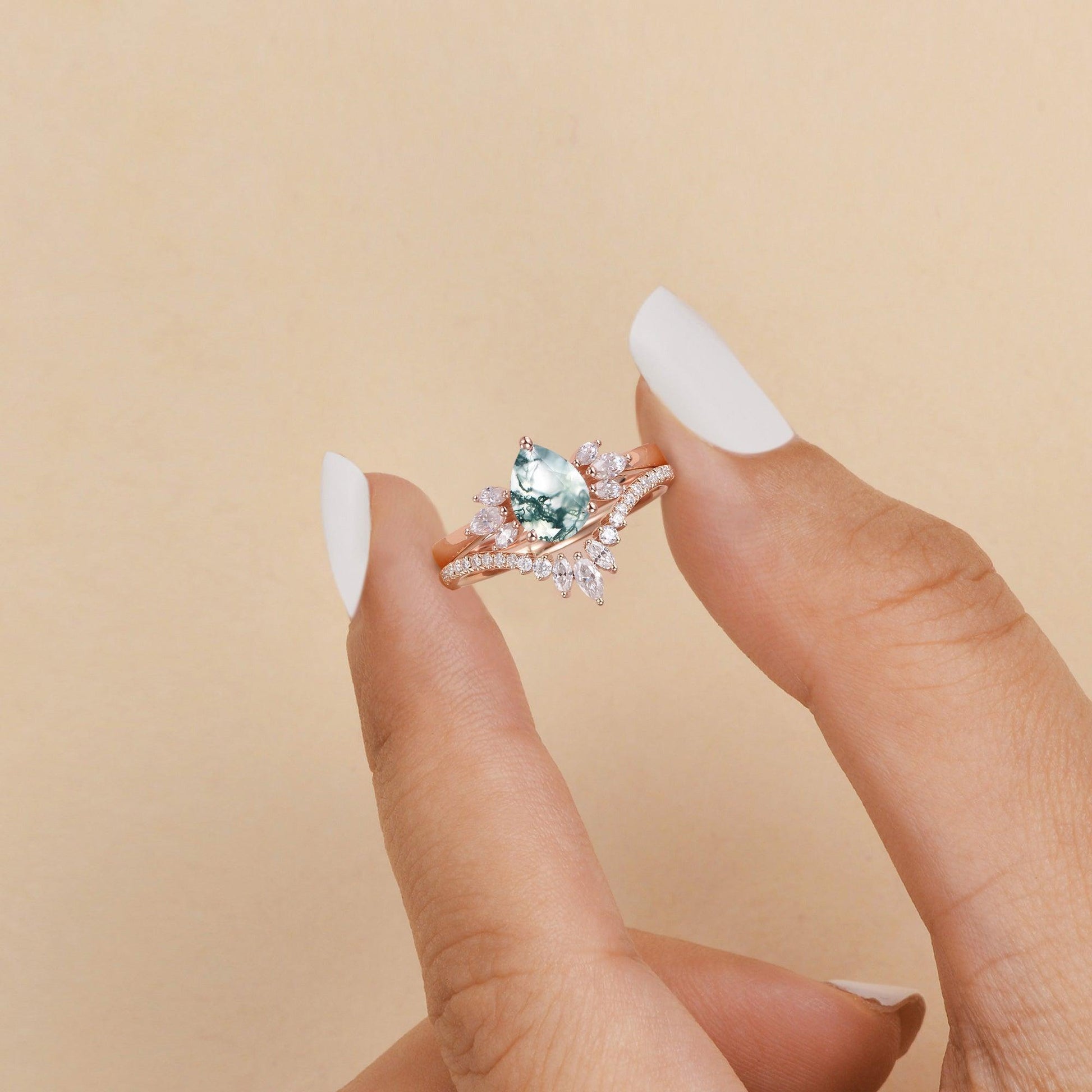 Fairy Ring - 1.5ct Pear Shaped Moss Agate Butterfly Cluster Ring Set 2pcs