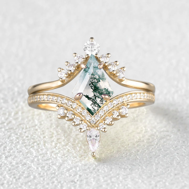 Kite Cut Moss Agate Deep V Chevron Engagement Ring Set 2pcs