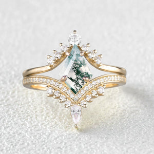 Kite Cut Moss Agate Deep V Chevron Engagement Ring Set 2pcs