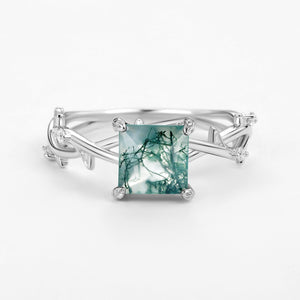 Nature Inspired Princess Cut Moss Agate Leafy Engagement Ring