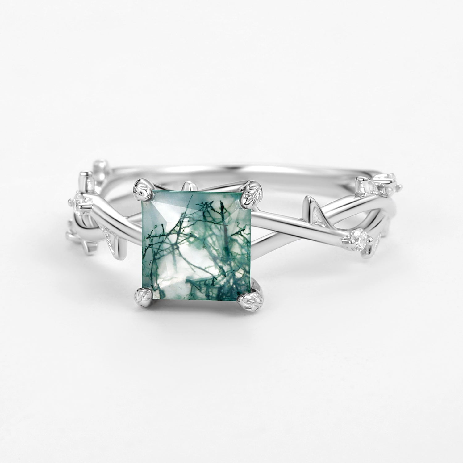 Nature Inspired Princess Cut Moss Agate Leafy Engagement Ring