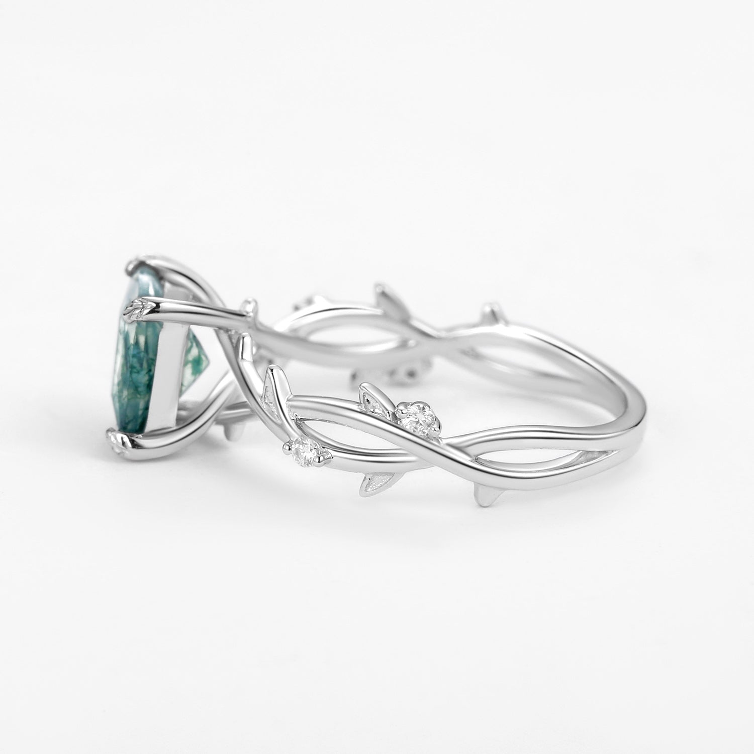 Nature Inspired Princess Cut Moss Agate Leafy Engagement Ring