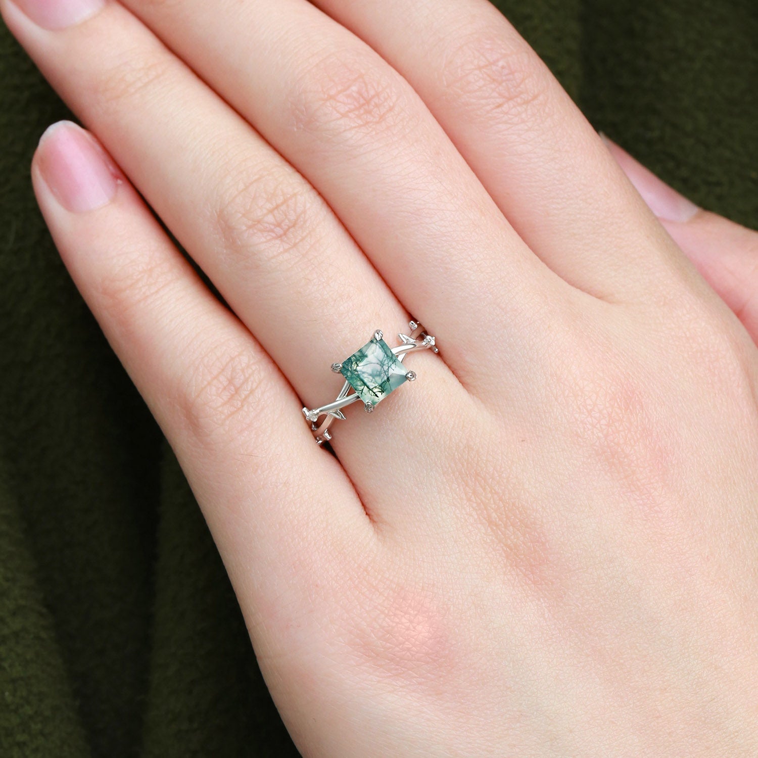 Nature Inspired Princess Cut Moss Agate Leafy Engagement Ring