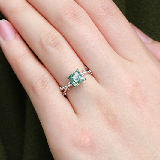 Nature Inspired Princess Cut Moss Agate Leafy Engagement Ring