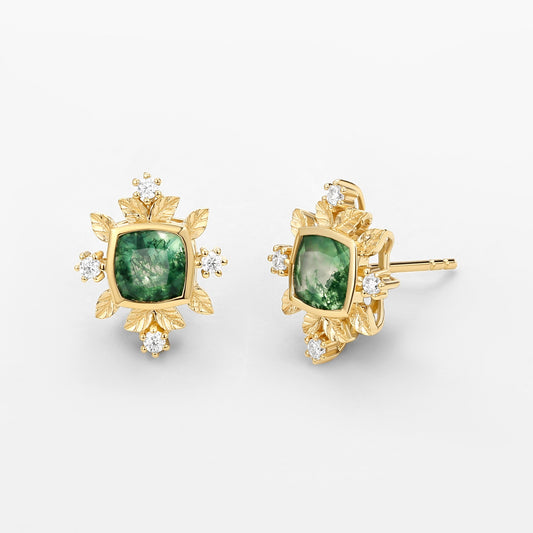 Cushion Cut Moss Agate & Moissanite Leafy Studs Set 2pcs