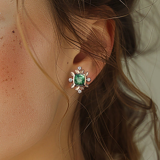 Cushion Cut Moss Agate & Moissanite Leafy Studs Set 2pcs