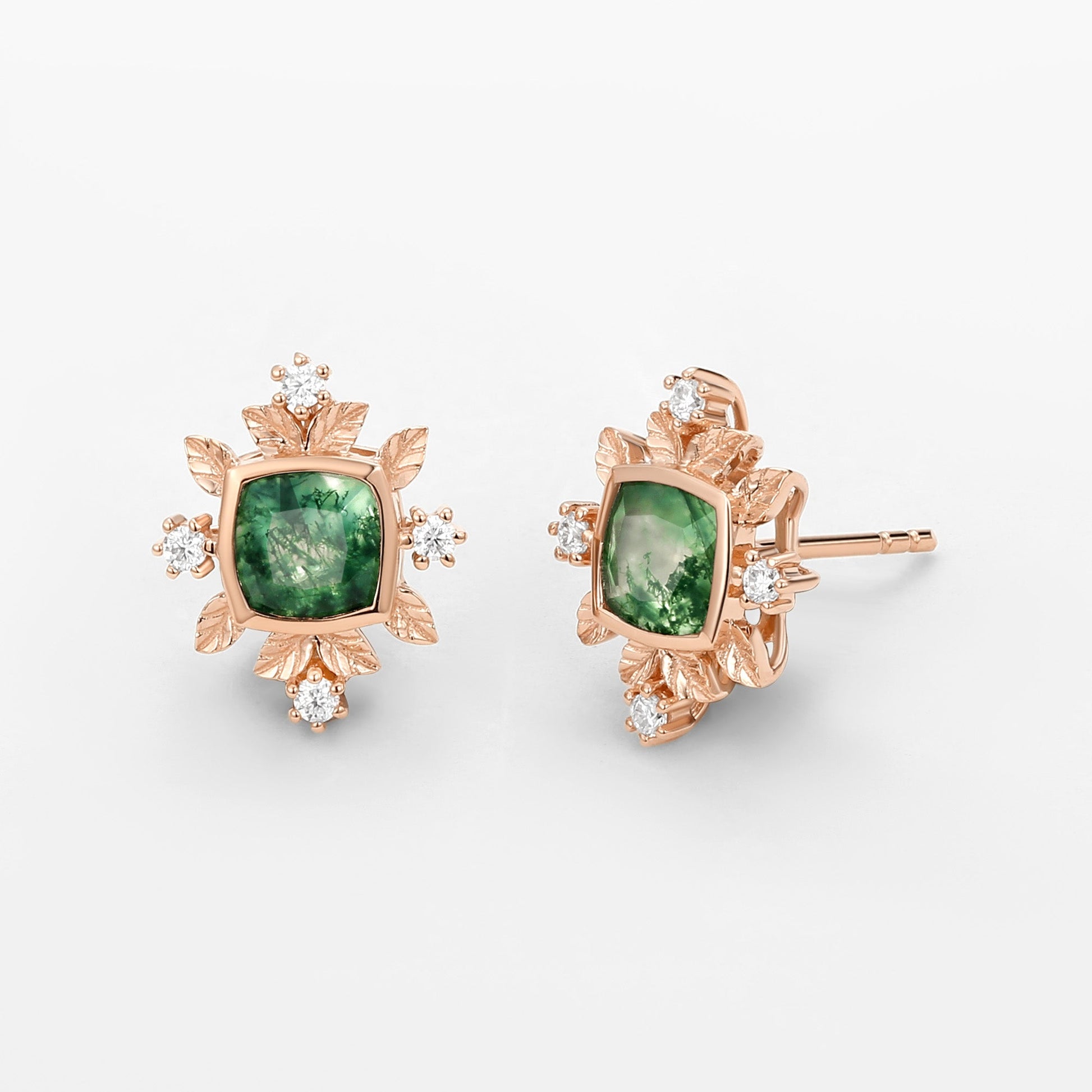 Cushion Cut Moss Agate & Moissanite Leafy Studs Set 2pcs