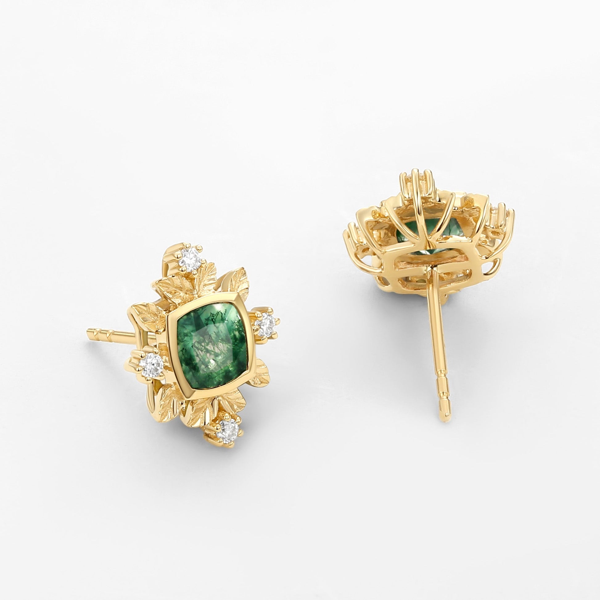 Cushion Cut Moss Agate & Moissanite Leafy Studs Set 2pcs