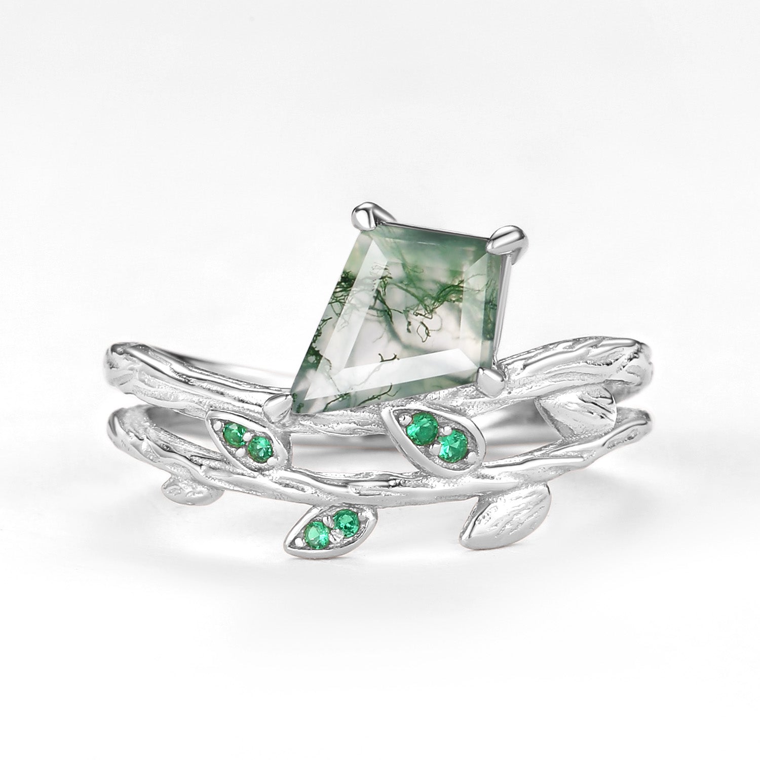 Kite Cut Moss Agate & Emerald Leafy  Unique Engagement Ring