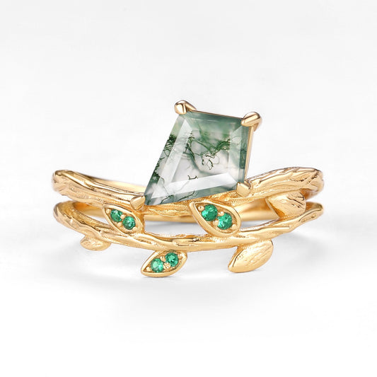 Kite Cut Moss Agate & Emerald Leafy  Unique Engagement Ring