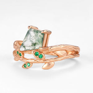 Kite Cut Moss Agate & Emerald Leafy  Unique Engagement Ring
