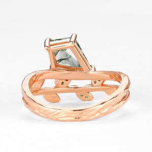 Kite Cut Moss Agate & Emerald Leafy  Unique Engagement Ring