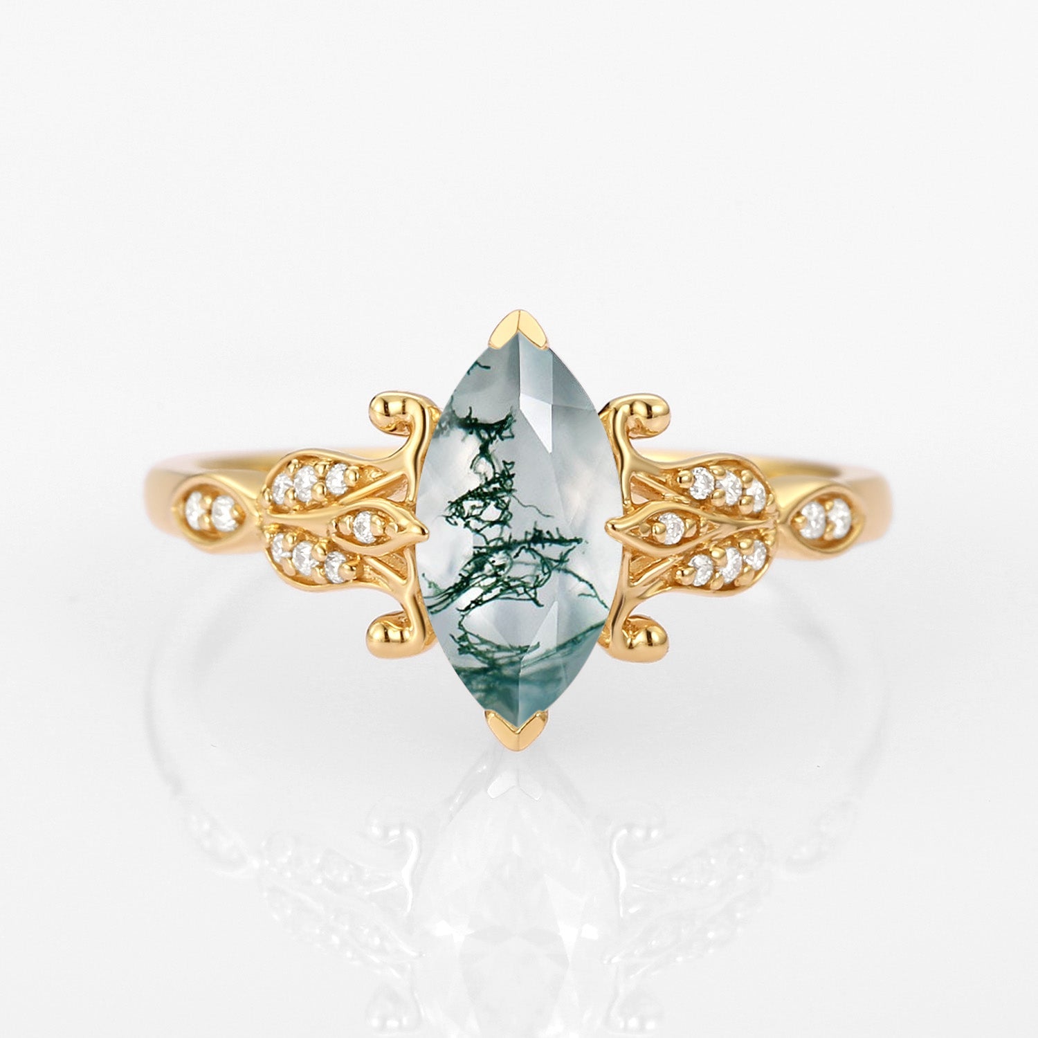 Marquise Cut Moss Agate Leafy Vintage Engagement Ring