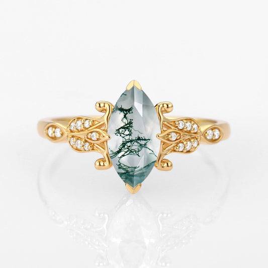 Marquise Cut Moss Agate Leafy Vintage Engagement Ring