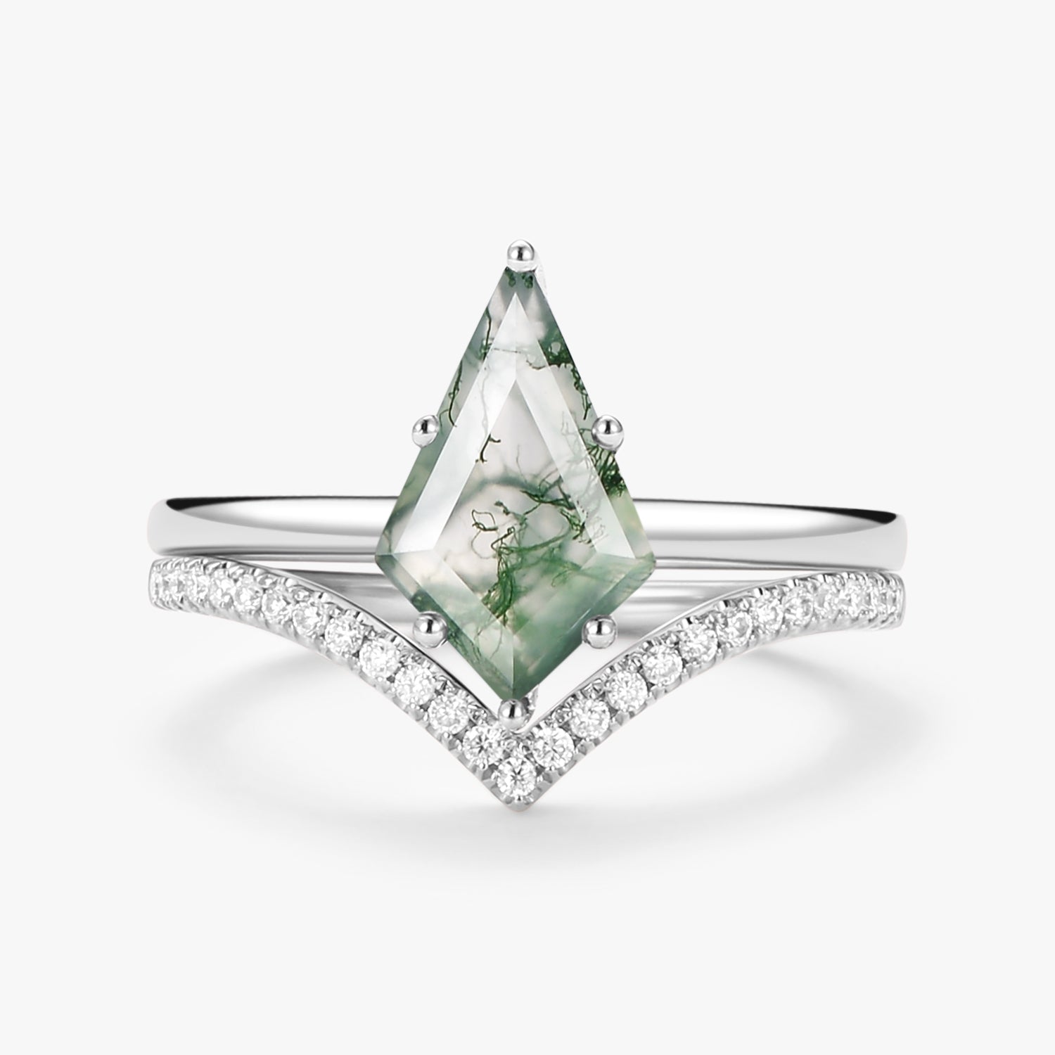 Kite Cut Moss Agate Engagement Ring Set 2pcs - Ash