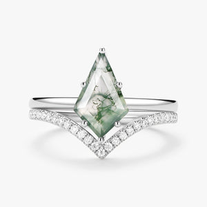 Kite Cut Moss Agate Engagement Ring Set 2pcs - Ash