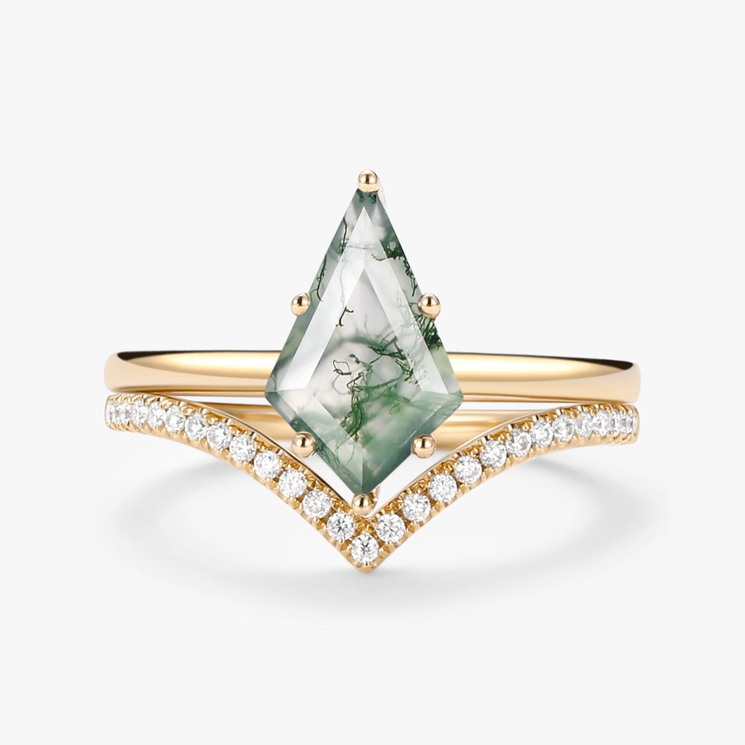 Kite Cut Moss Agate Engagement Ring Set 2pcs - Ash