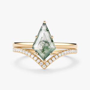 Kite Cut Moss Agate Engagement Ring Set 2pcs - Ash