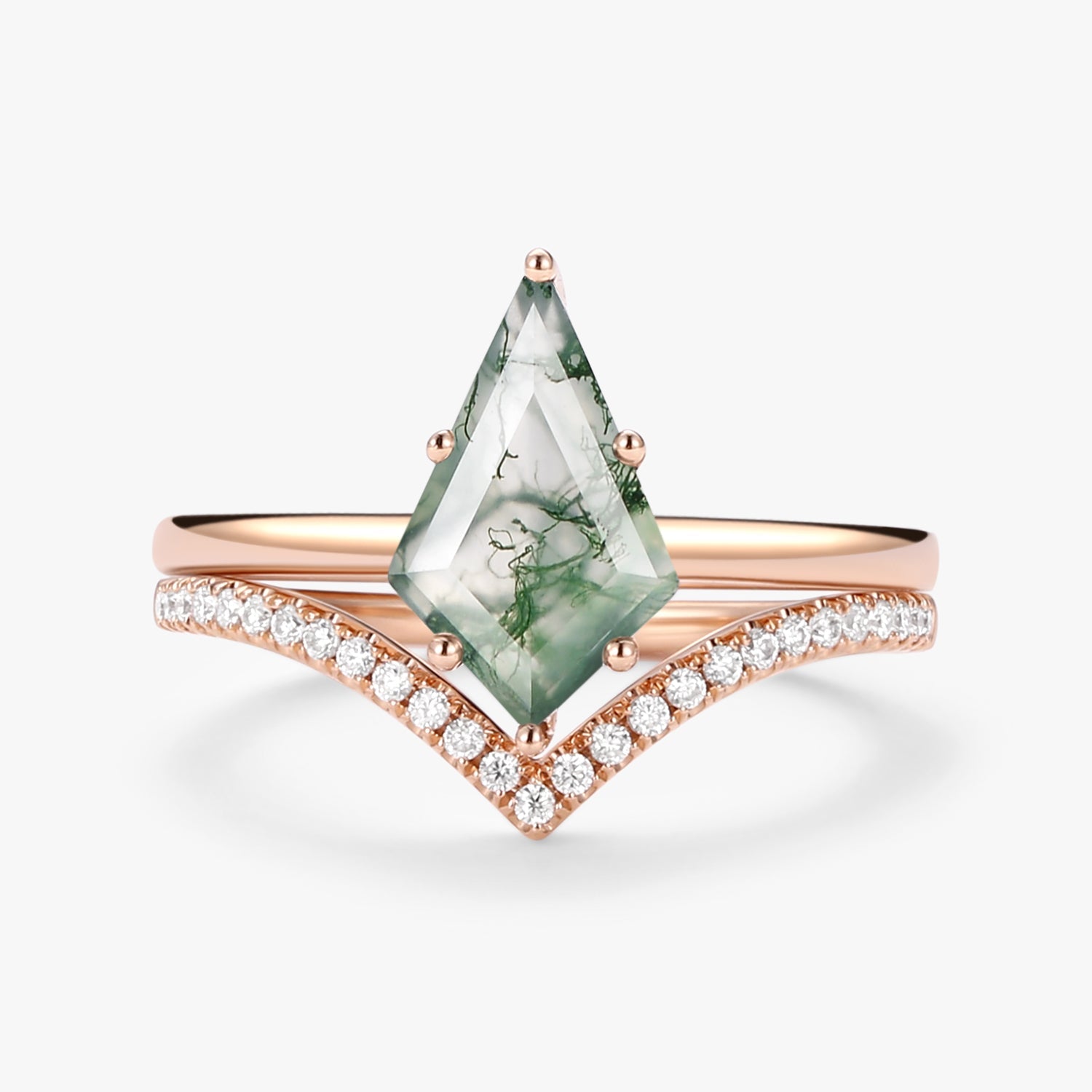 Kite Cut Moss Agate Engagement Ring Set 2pcs - Ash