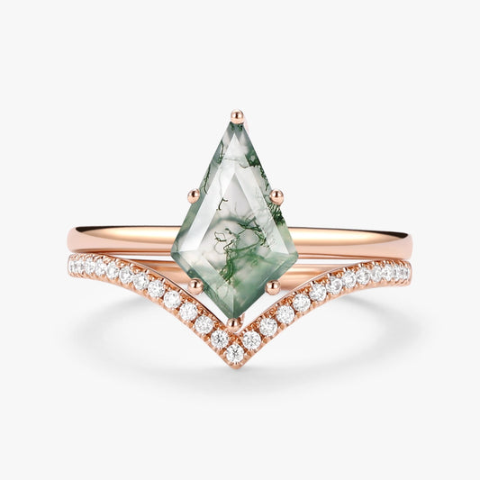 Kite Cut Moss Agate Engagement Ring Set 2pcs - Ash