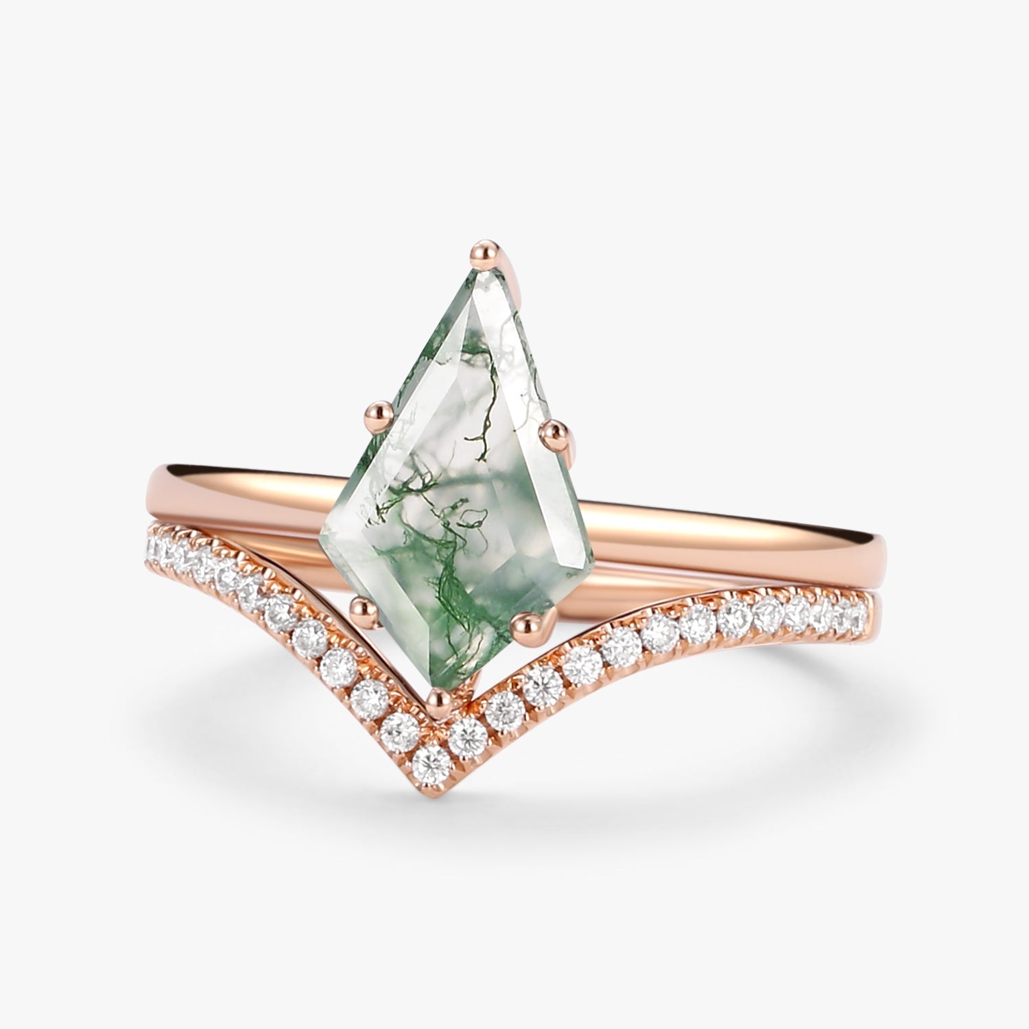 Kite Cut Moss Agate Engagement Ring Set 2pcs - Ash