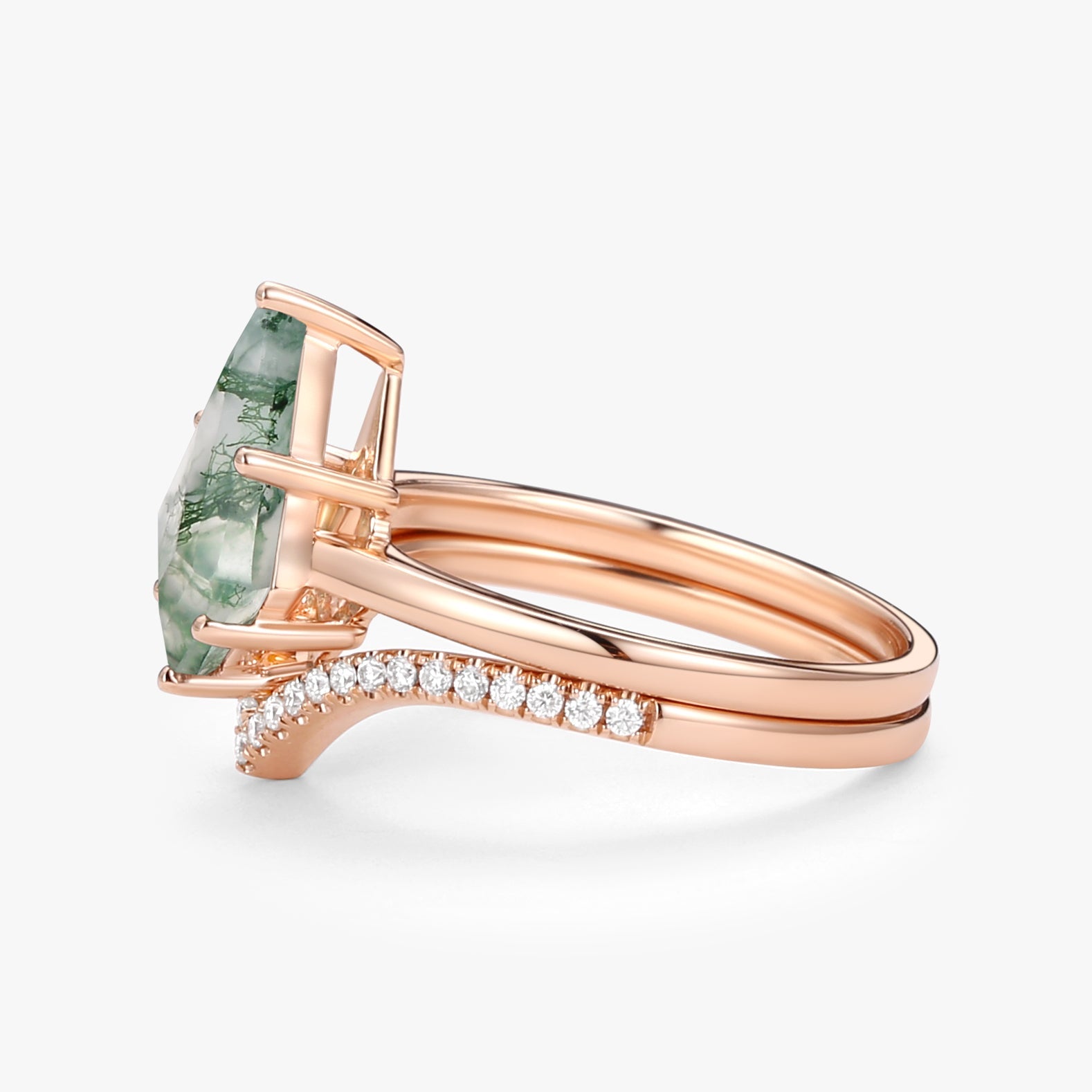 Kite Cut Moss Agate Engagement Ring Set 2pcs - Ash