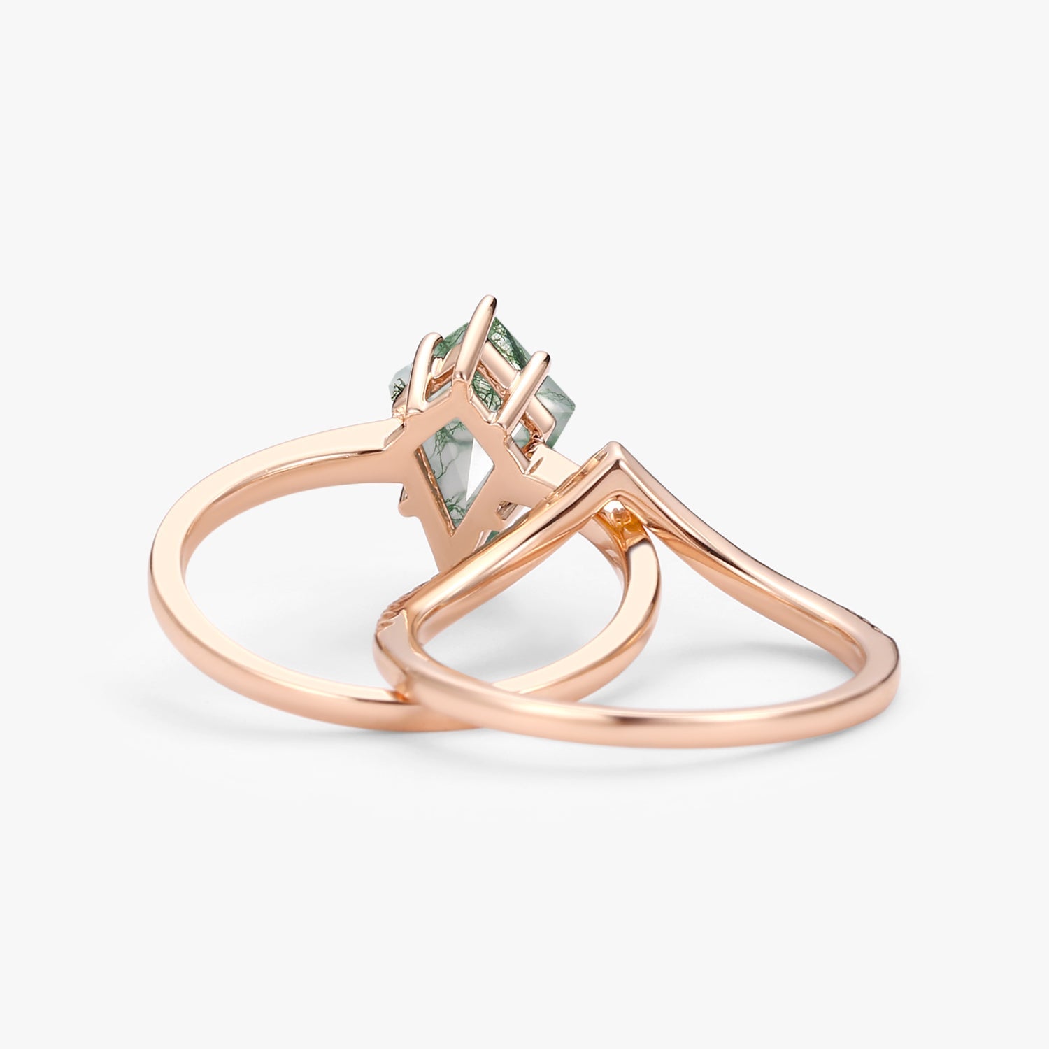 Kite Cut Moss Agate Engagement Ring Set 2pcs - Ash