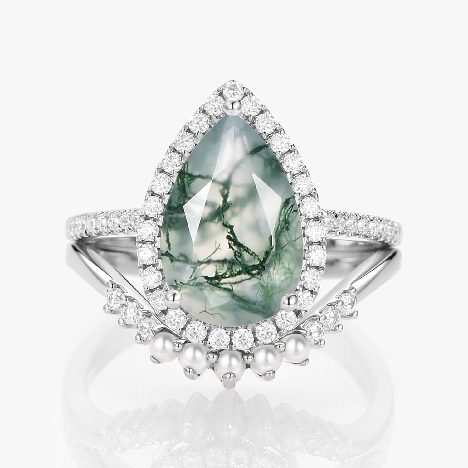 4.0ct Pear Moss Agate & Pearl Halo Ring Set 2pcs - Verena