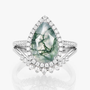 4.0ct Pear Moss Agate & Pearl Halo Ring Set 2pcs - Verena