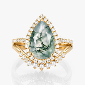 4.0ct Pear Moss Agate & Pearl Halo Ring Set 2pcs - Verena