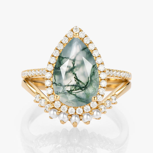 4.0ct Pear Moss Agate & Pearl Halo Ring Set 2pcs - Verena