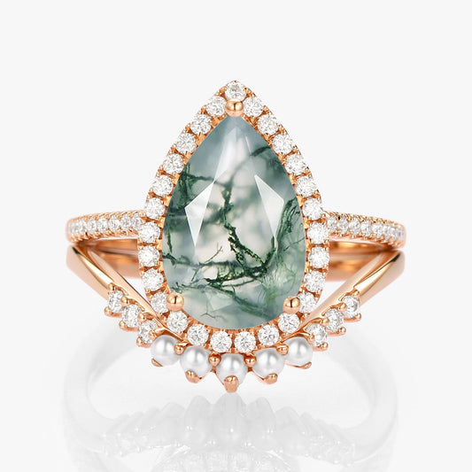 4.0ct Pear Moss Agate & Pearl Halo Ring Set 2pcs - Verena