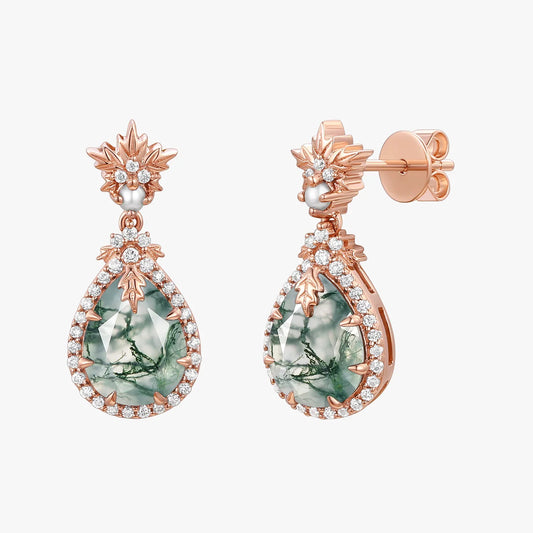 Natural Moss Agate & Pearl Vintage Inspired Yellow Gold Earrings