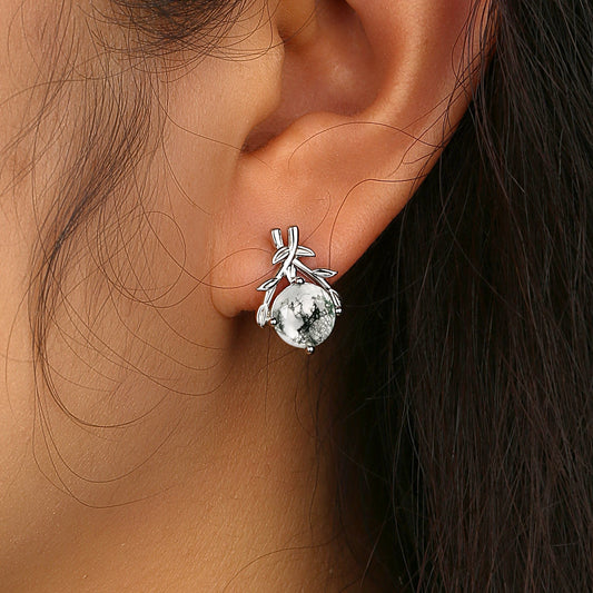 Moss Agate Round Shaped Leaf Vine White Gold Earrings