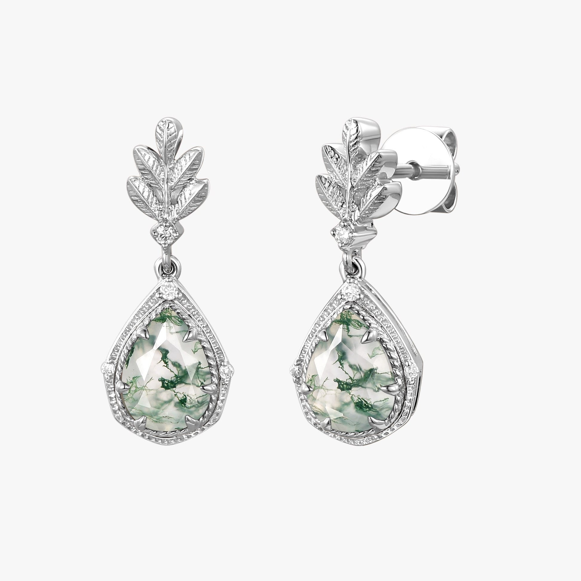 Pear Moss Agate & Moissanite Leafy Earrings