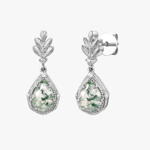 Pear Moss Agate & Moissanite Leafy Earrings
