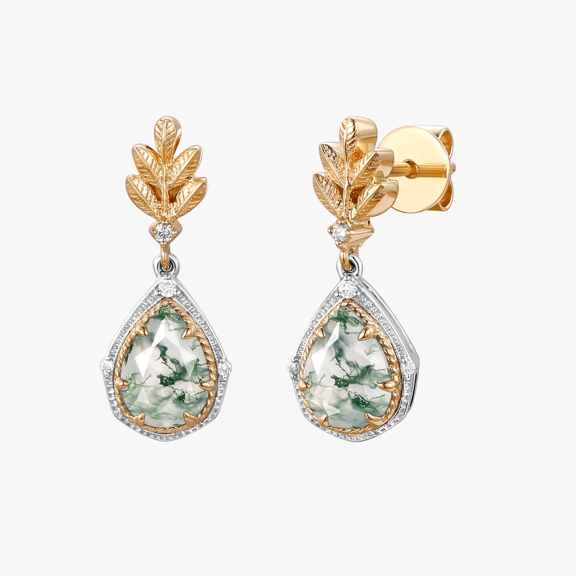 Pear Moss Agate & Moissanite Leafy Earrings