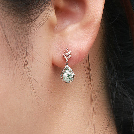 Pear Moss Agate & Moissanite Leafy Earrings