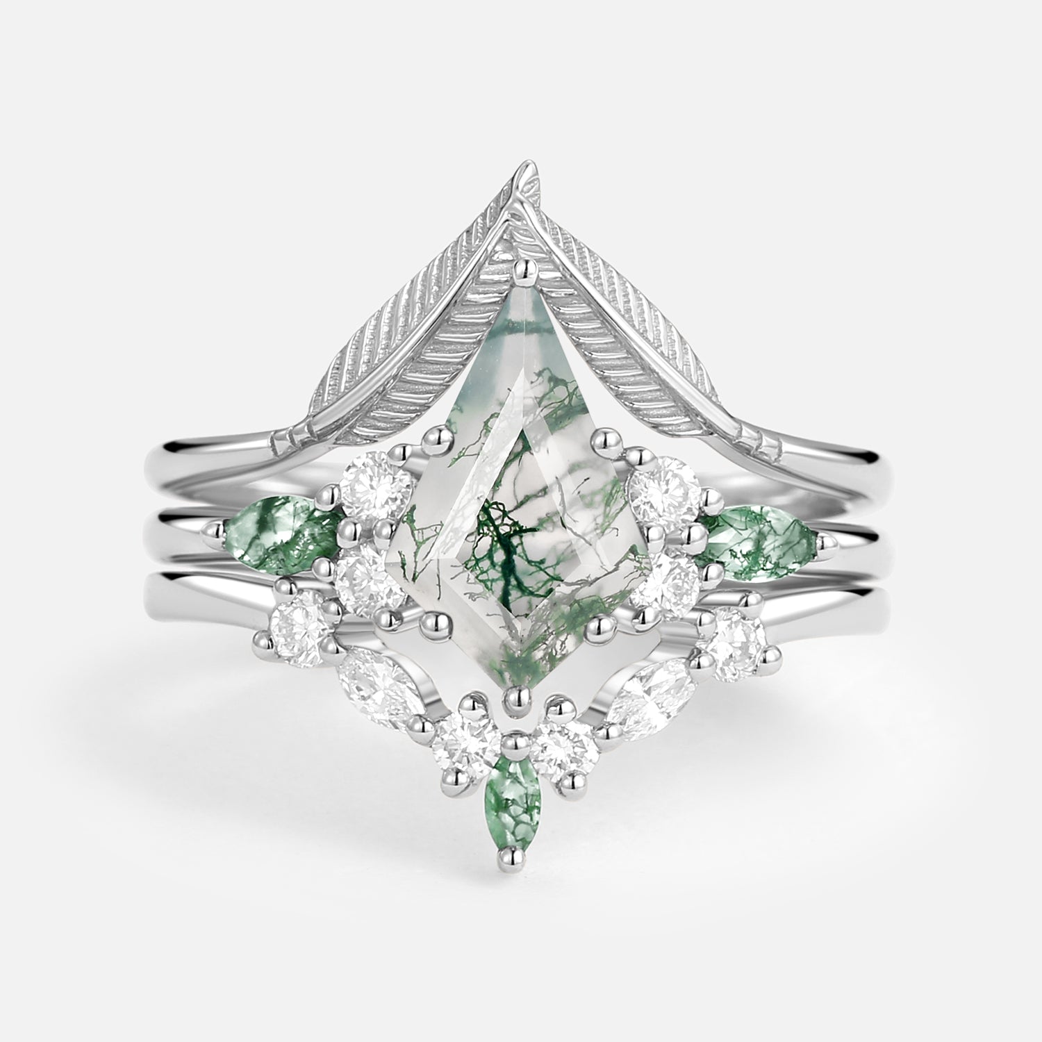 Kite Cut Green Moss Agate Three Stone Engagement Bridal Set 3pcs