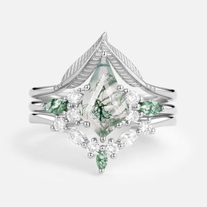 Kite Cut Green Moss Agate Three Stone Engagement Bridal Set 3pcs