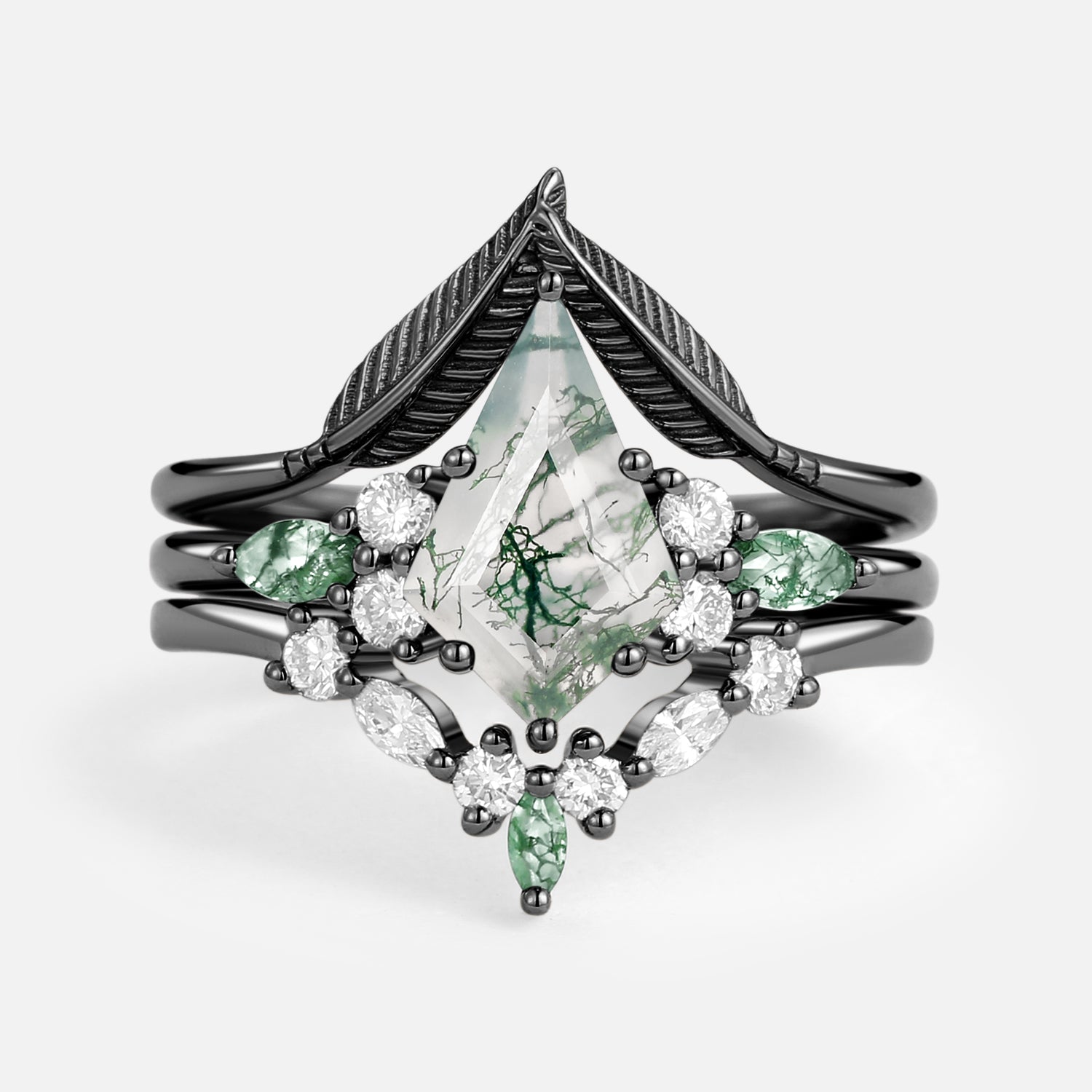 Kite Cut Green Moss Agate Three Stone Engagement Bridal Set 3pcs