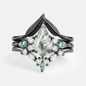 Kite Cut Green Moss Agate Three Stone Engagement Bridal Set 3pcs