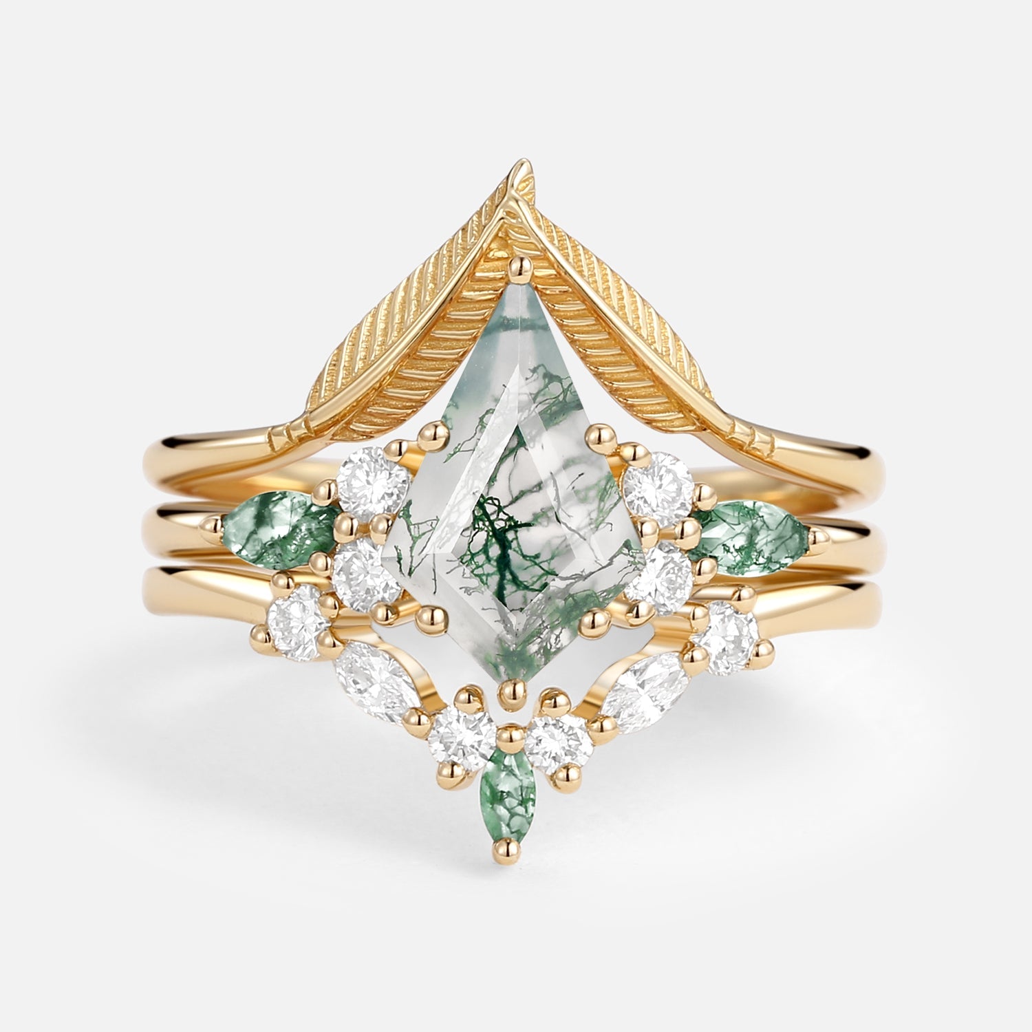 Kite Cut Green Moss Agate Three Stone Engagement Bridal Set 3pcs