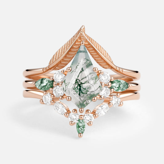 Kite Cut Green Moss Agate Three Stone Engagement Bridal Set 3pcs