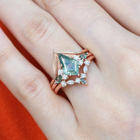 Kite Cut Green Moss Agate Three Stone Engagement Bridal Set 3pcs